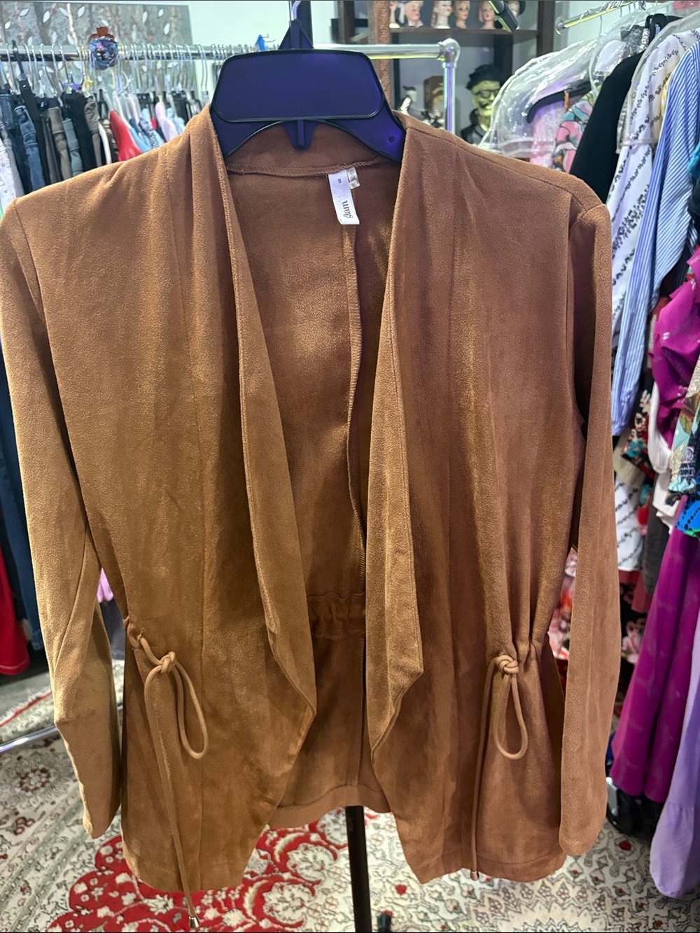 glam Suede-Look Caramel Brown Open Front Blazer